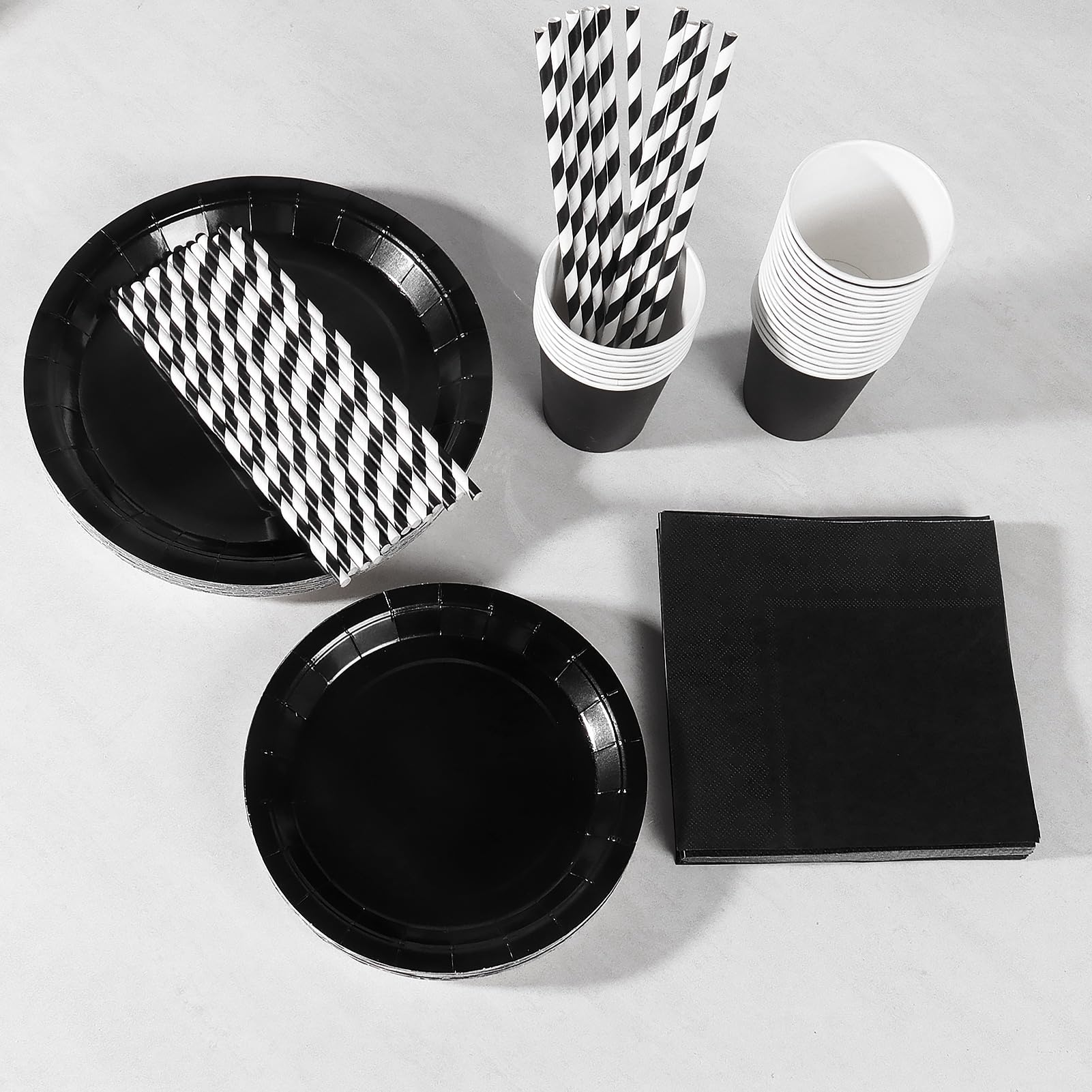 PYAILI 121 Pcs Black Party Tableware Set, Paper Plates Cups Napkins Tablecloth, Dinnerware Set for Kids Adult Birthday,Wedding,Baby Shower Party Tableware