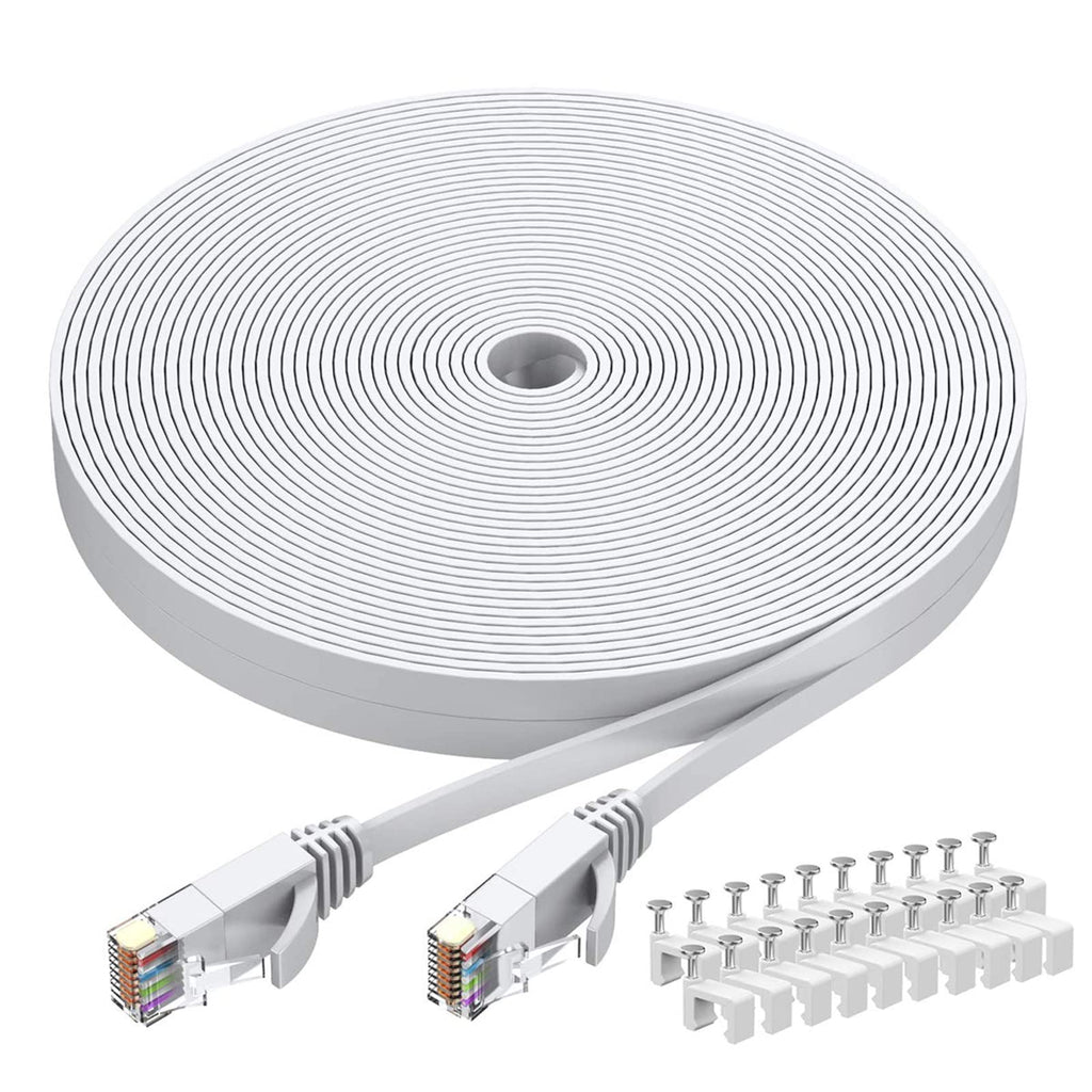 Cat6 Ethernet Cable 100 FT White, BUSOHE Cat-6 Flat Computer Internet LAN Network Ethernet Patch Cable Cord, RJ45 LAN Wire - 100 Feet