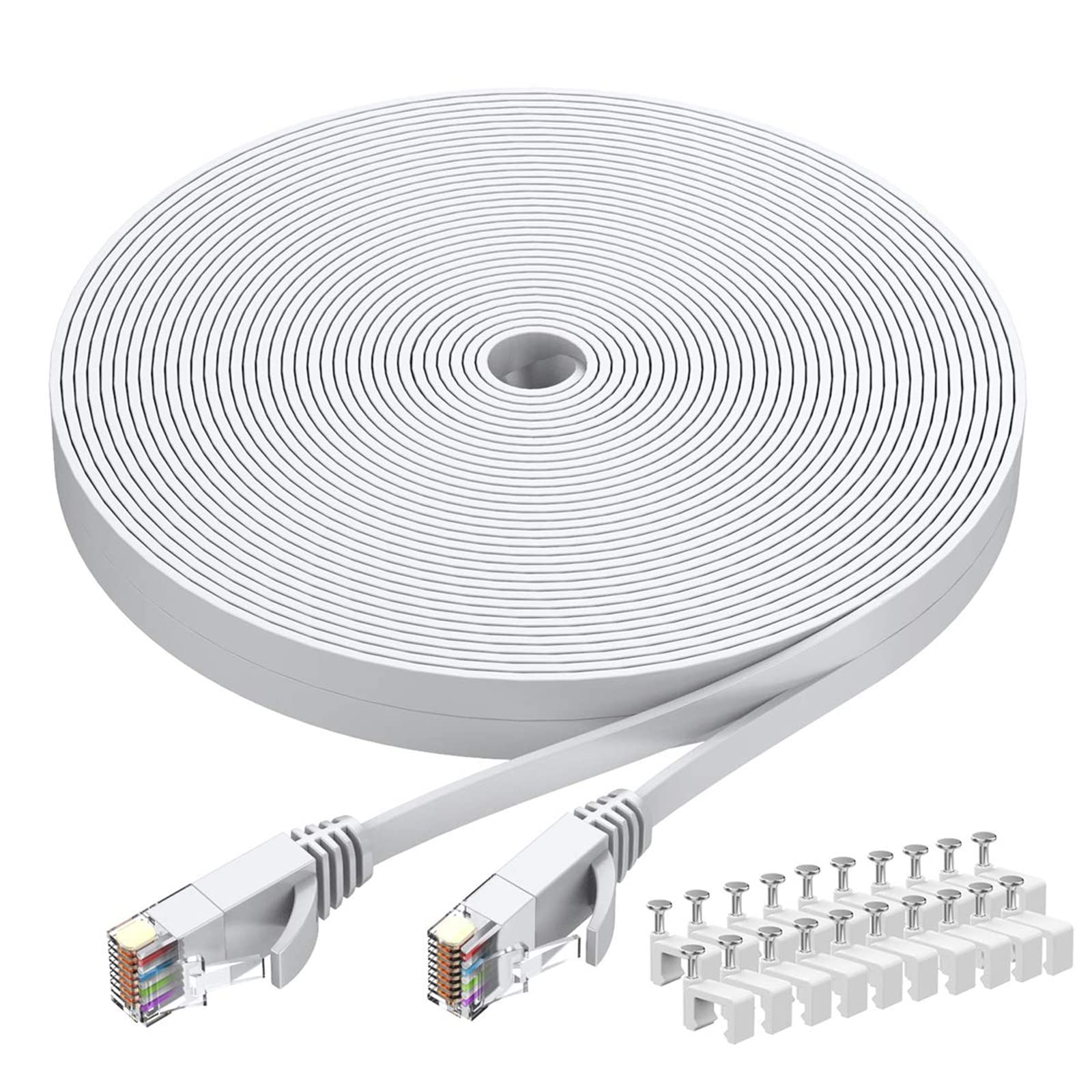 Cat6 Ethernet Cable 100 FT White, BUSOHE Cat-6 Flat Computer Internet LAN Network Ethernet Patch Cable Cord, RJ45 LAN Wire - 100 Feet