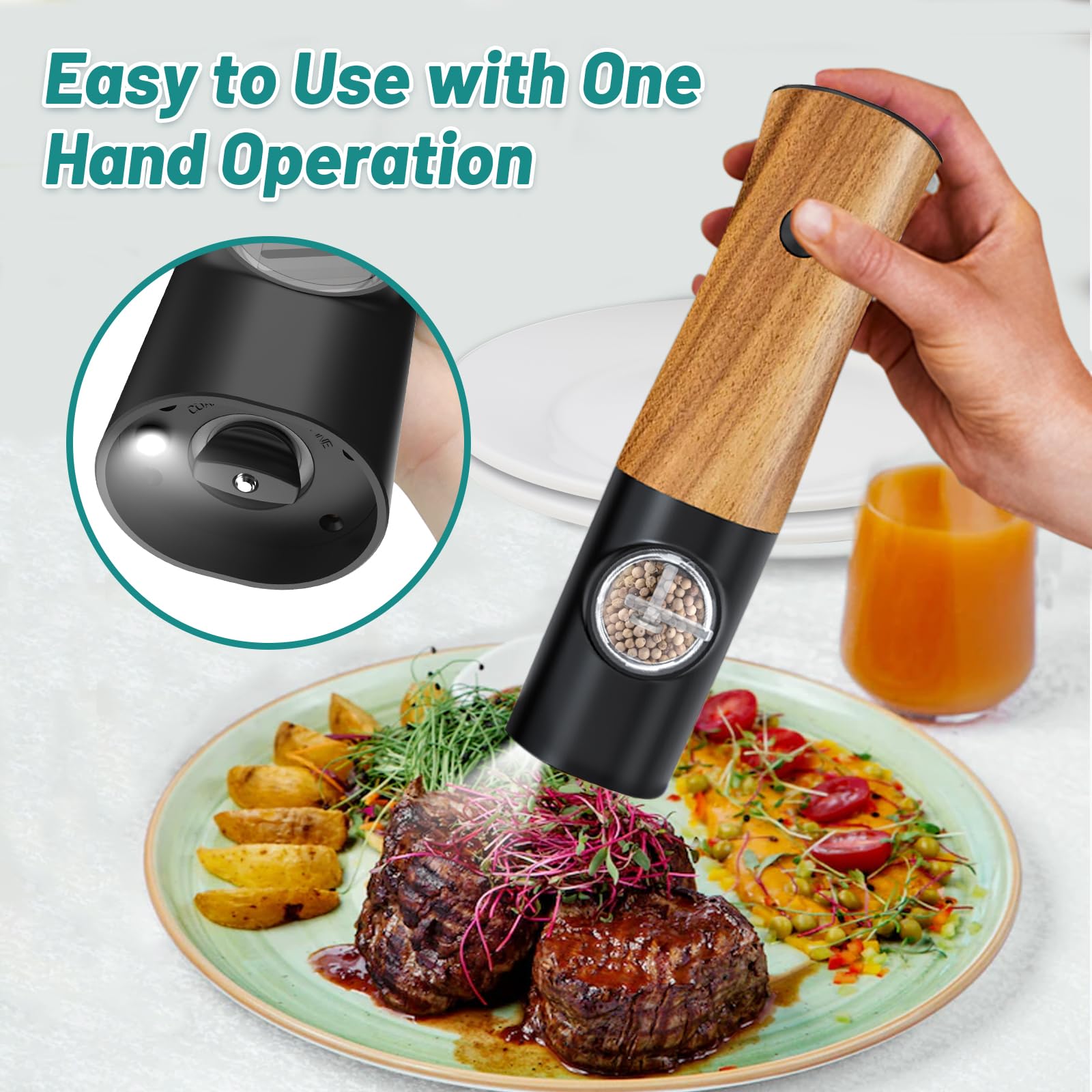 Electric Pepper Grinder Salt Mill: - Salt and Pepper Grinder with Ceramic Grind Portable Button Switch Battery Powered Salt Pepper Grinders Set Adjustable Coarseness Seasoning Mill