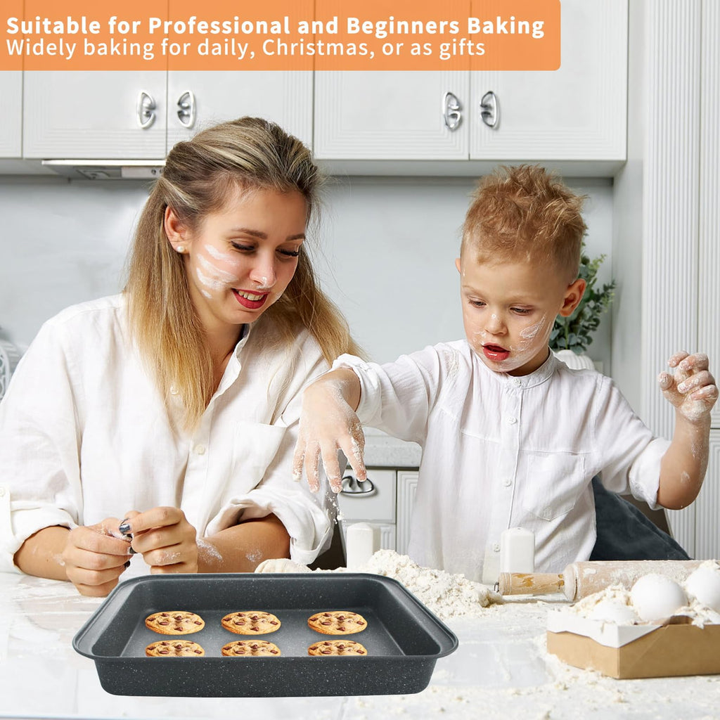 Barlket Baking Pans Set, Baking Set Nonstick with Grey Marble Coating, 5-Piece, Oven Safe, Even Heating, Stackable Bakeware Set with Carbon Steel Round/Square Cake Pan, Muffin, Bread Tin