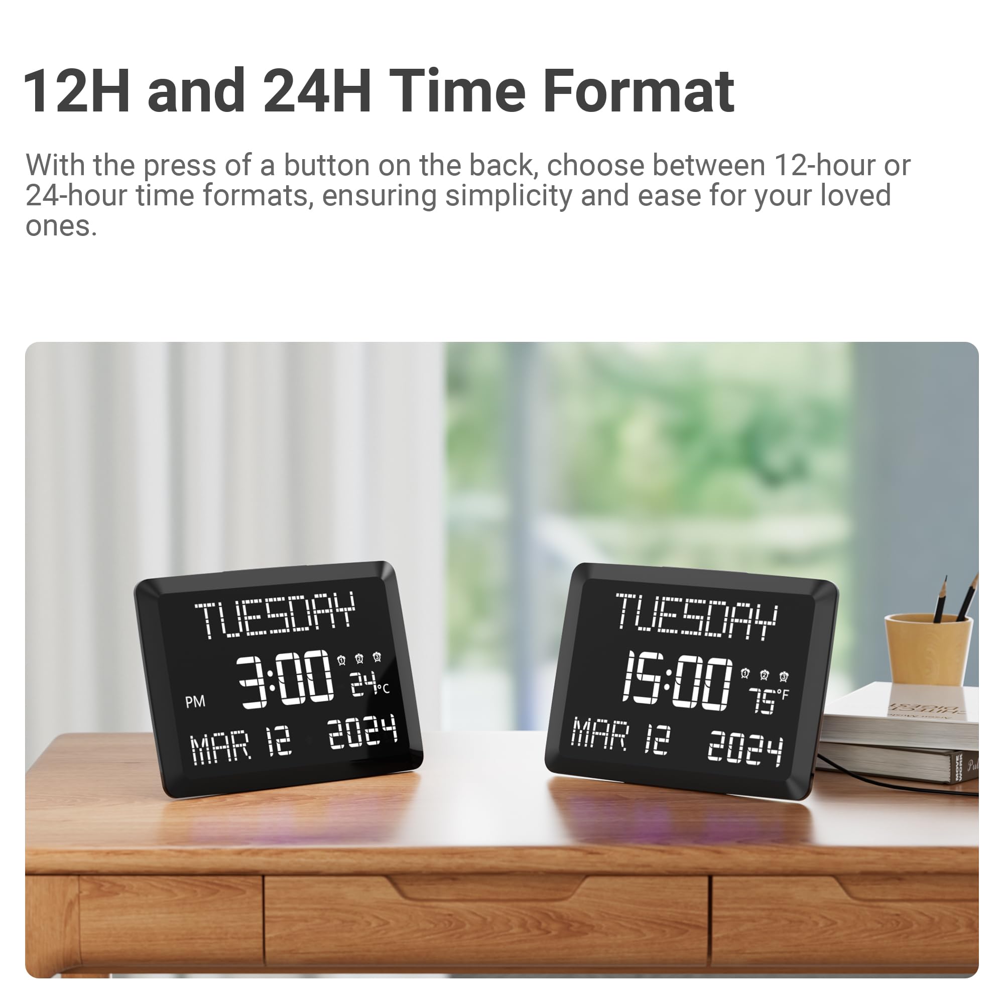 11.5" Large Digital Clock for Seniors, Dementia Clock with Temperature/Date/Week,3 Alarms,5 Dimmer,15 Volume,Battery Backup,Calendar Clock for Living Room Home Office Elderly