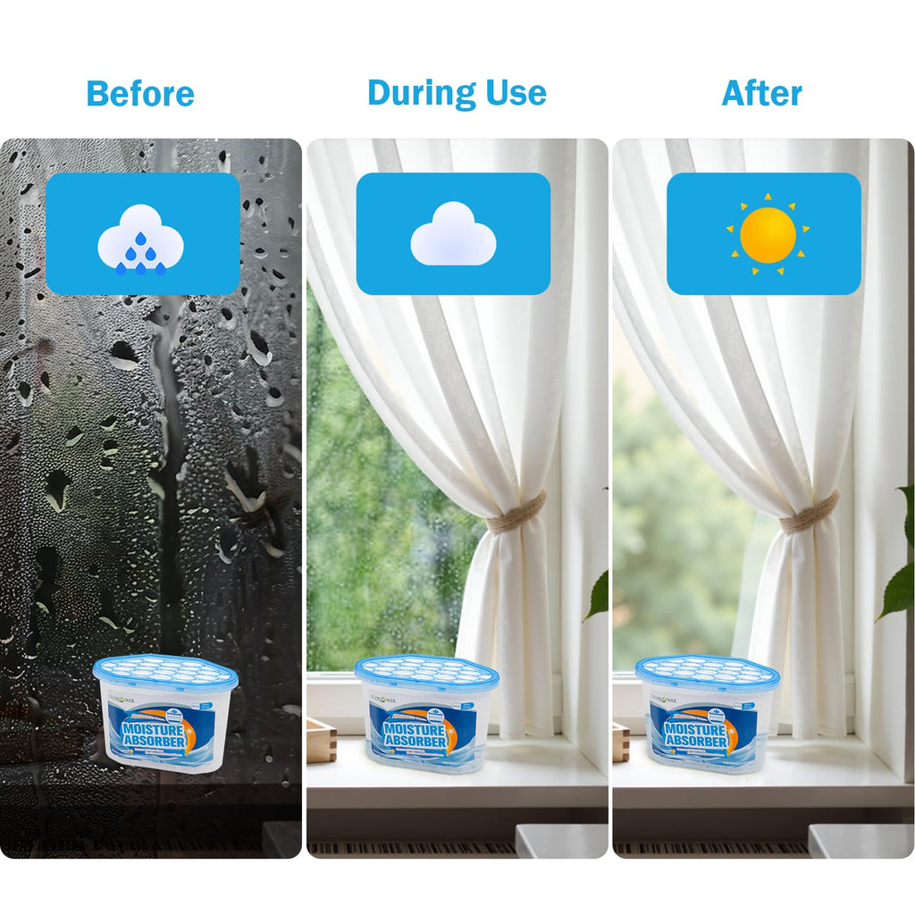 OOOFLOWER 3-Pack Moisture Absorber, 9.8 oz (277g) Each, Unscented Dehumidifier, Traps Excess Moisture & Humidity for Closets, Bathrooms, RVs, Basements