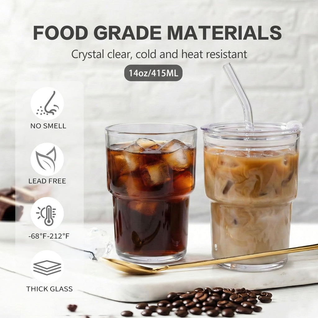 14oz Iced Coffee Cup, 4 Pack Glass Tumblers with Straws and Lids, Small Glass Matcha Cups, Reusable Thickened Glassware Set for Iced Tea, Soda, Smoothies, Cocktails