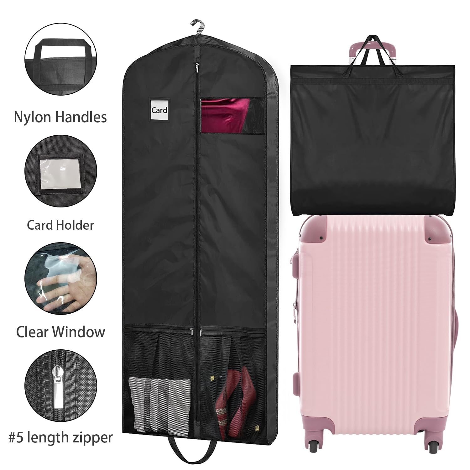 BH7STAR Dress Garment Bag, Black, 65" L x 26" W x 5" D, Nylon, Zipper Closure, Extra Long Size, Clear Window, Travel Friendly