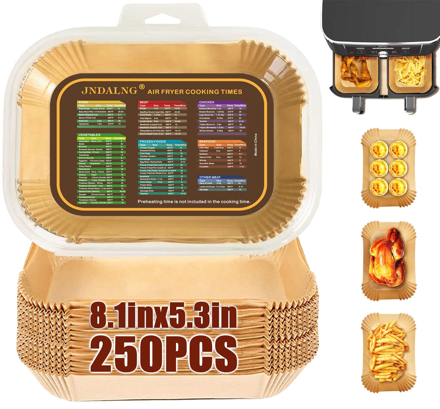 250PCS Air Fryer Liners,Air Fryer Accessories for Ninja Foodi Dual Air Fryer DZ201/DZ401 (250PCS Rectangle 8.1 x 5.3 inch)