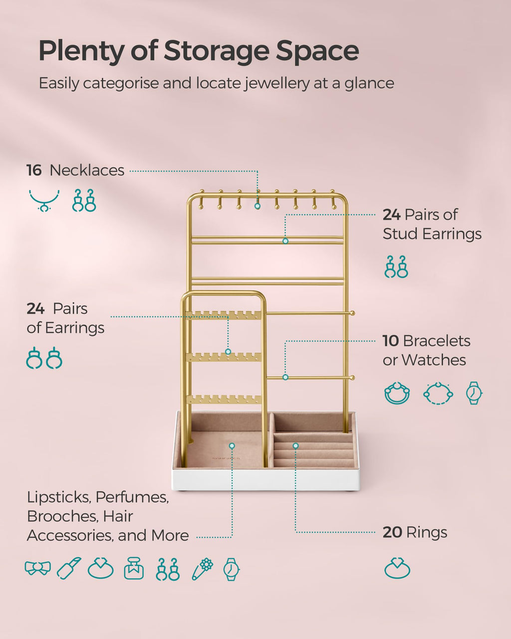 SONGMICS Jewelry Holder, Jewelry Organizer, Jewelry Display Stand with Metal Frame, Pale Gold UJJS021A01