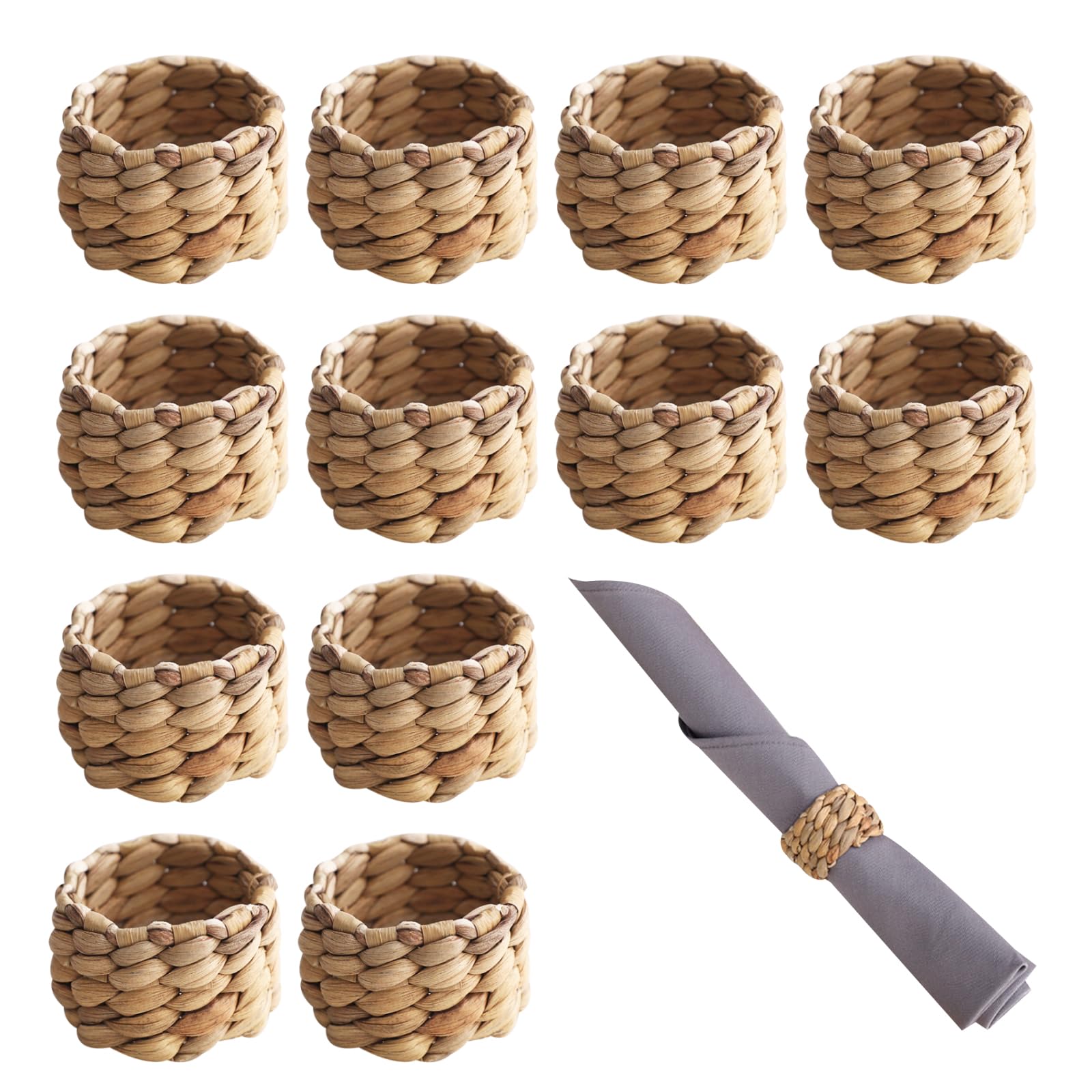 Auch 12 Pcs Woven Napkin Rings, Brown, Round, Water Hyacinth, Farmhouse Napkin Rings for Party, Wedding, Dinner Table Decoration