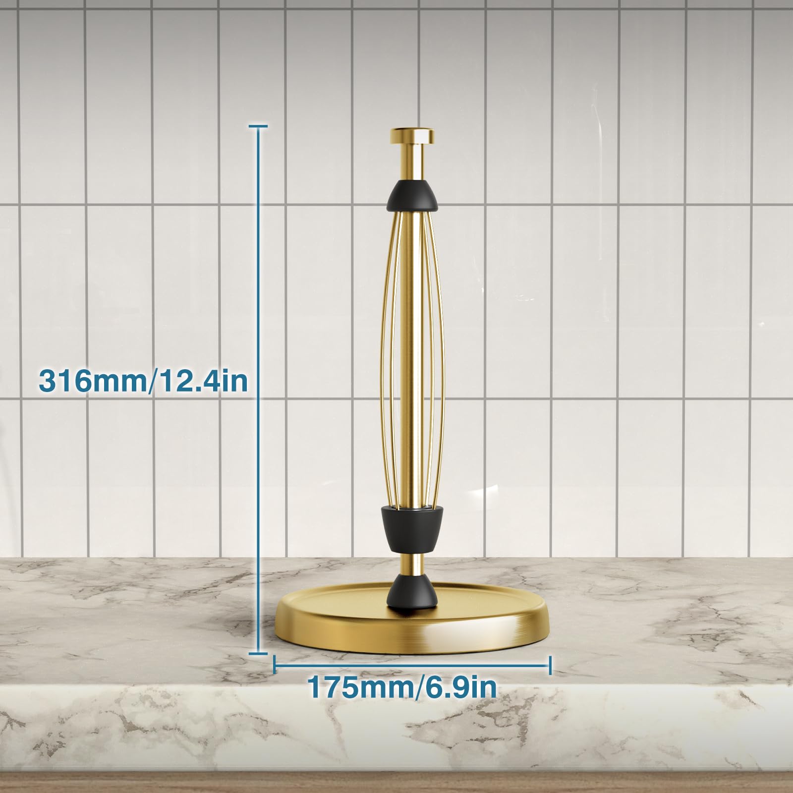 Paper Towel Holder Countertop, One-Handed Tear, Stainless Steel, Weighted Base, Porte Essuie Tout with Ratchet Mechanism for Kitchen Bathroom Decor Accessories, Gold
