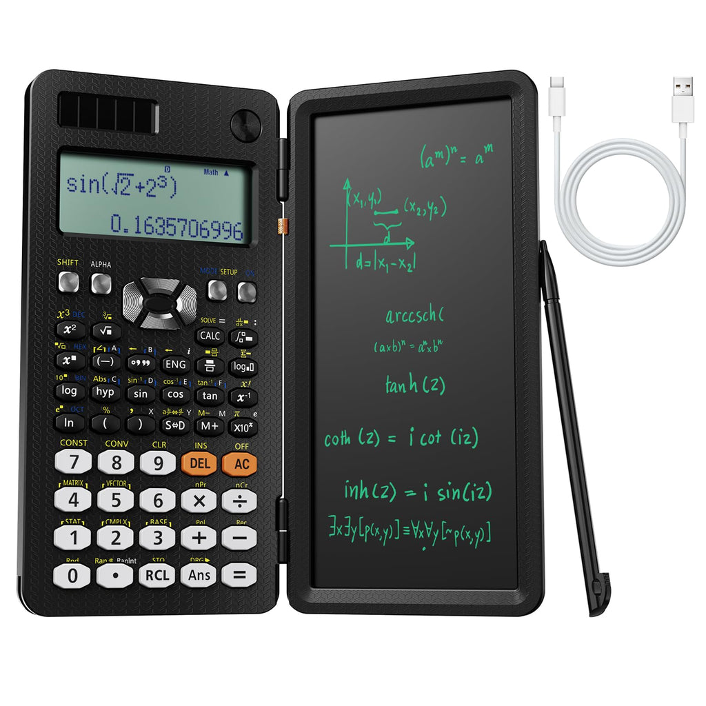 NEWYES Rechargeable Scientific Calculators 991ES MAX, 417 Functions, Writing Pad, Foldable Hard Case, 4-Line Written Display Advanced Calculators for Students School Engineering, Dual Power, Black