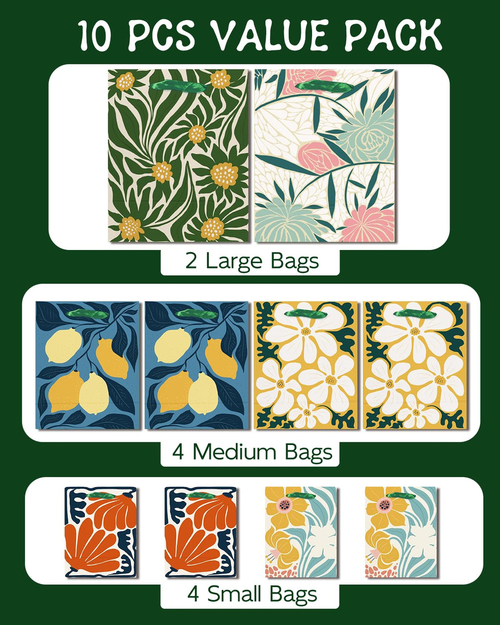 qiqee Clash Flowers Gift Bags with Tissue Paper Mulit Assorted Sizes 10PCS Present Party Favor Birthday Bags(2pcs Large 13", 4pcs Medium 9", 4pcs Small 6", Tissue Paper)