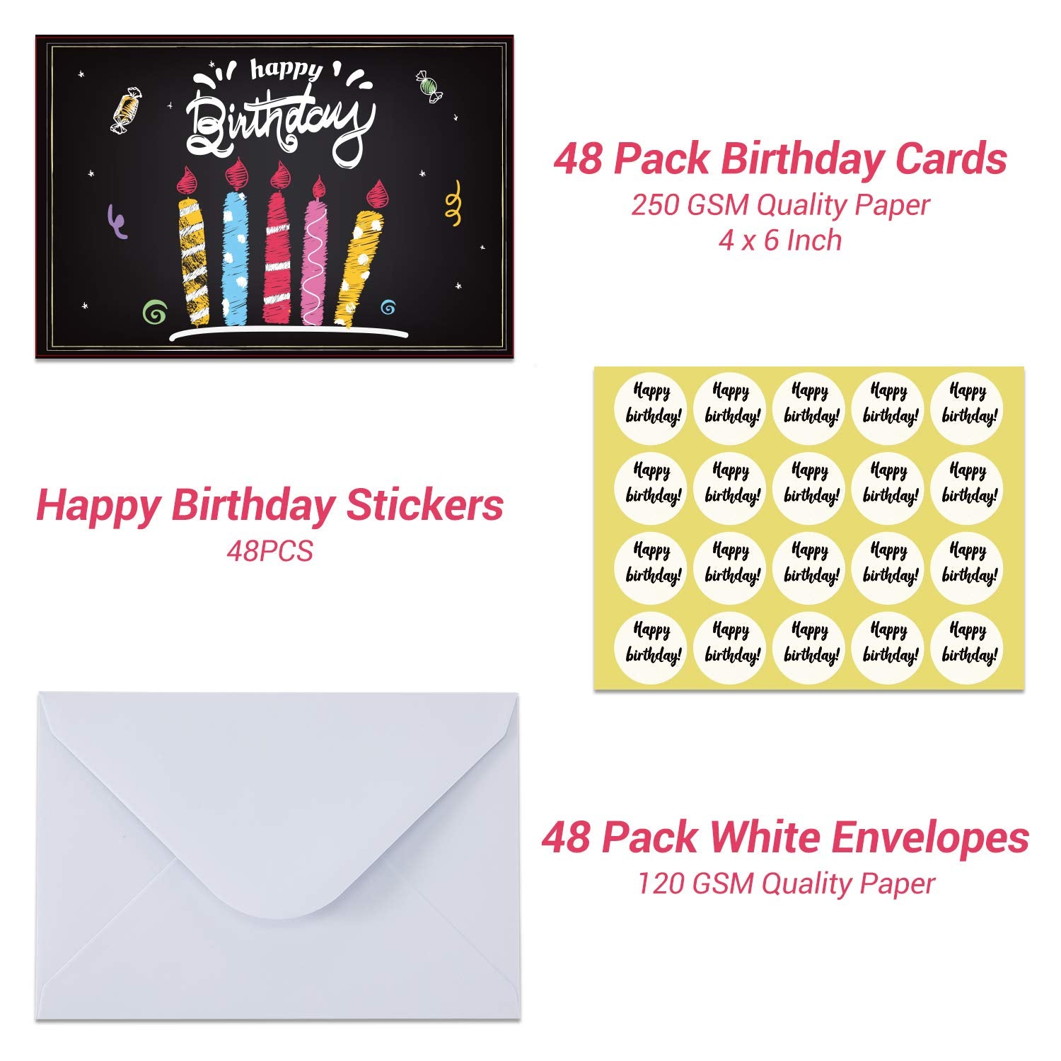 Ohuhu Assorted Happy Birthday Cards, 48 Pack Black Folded Cards for Kids’ Birthdays, Blank Inside Greeting Note Cards w/White Envelopes and Stickers, 4x6 inch, Birthday Party Invitation DIY Cardstock