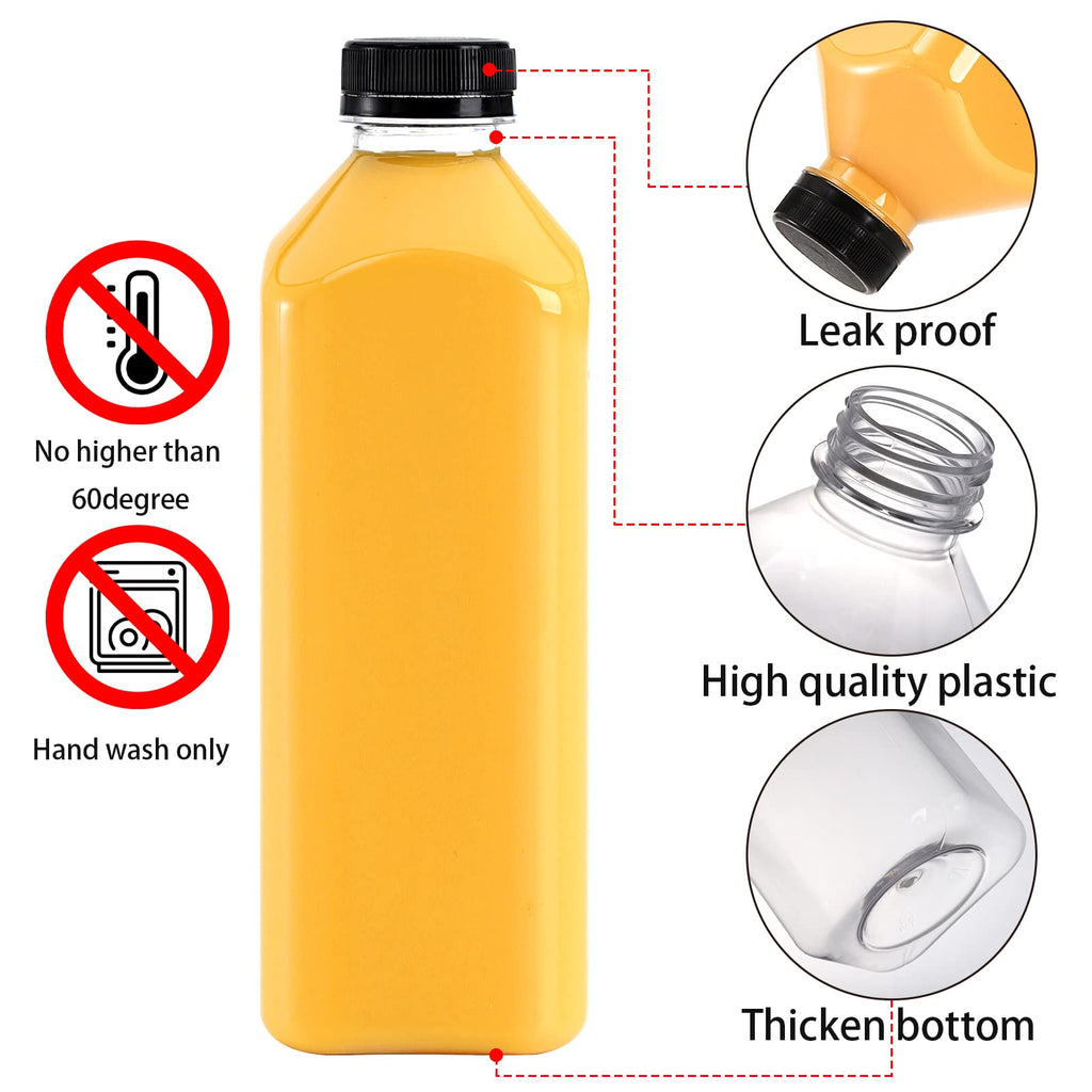 Cedilis 10 Pack 33oz/1L Plastic Juice Bottles with Black Cap, Clear Reusable Containers with Lids, Great Disposable Bottles for Making Juice, Milk, Salad Dressing, Smoothie and Other Beverages