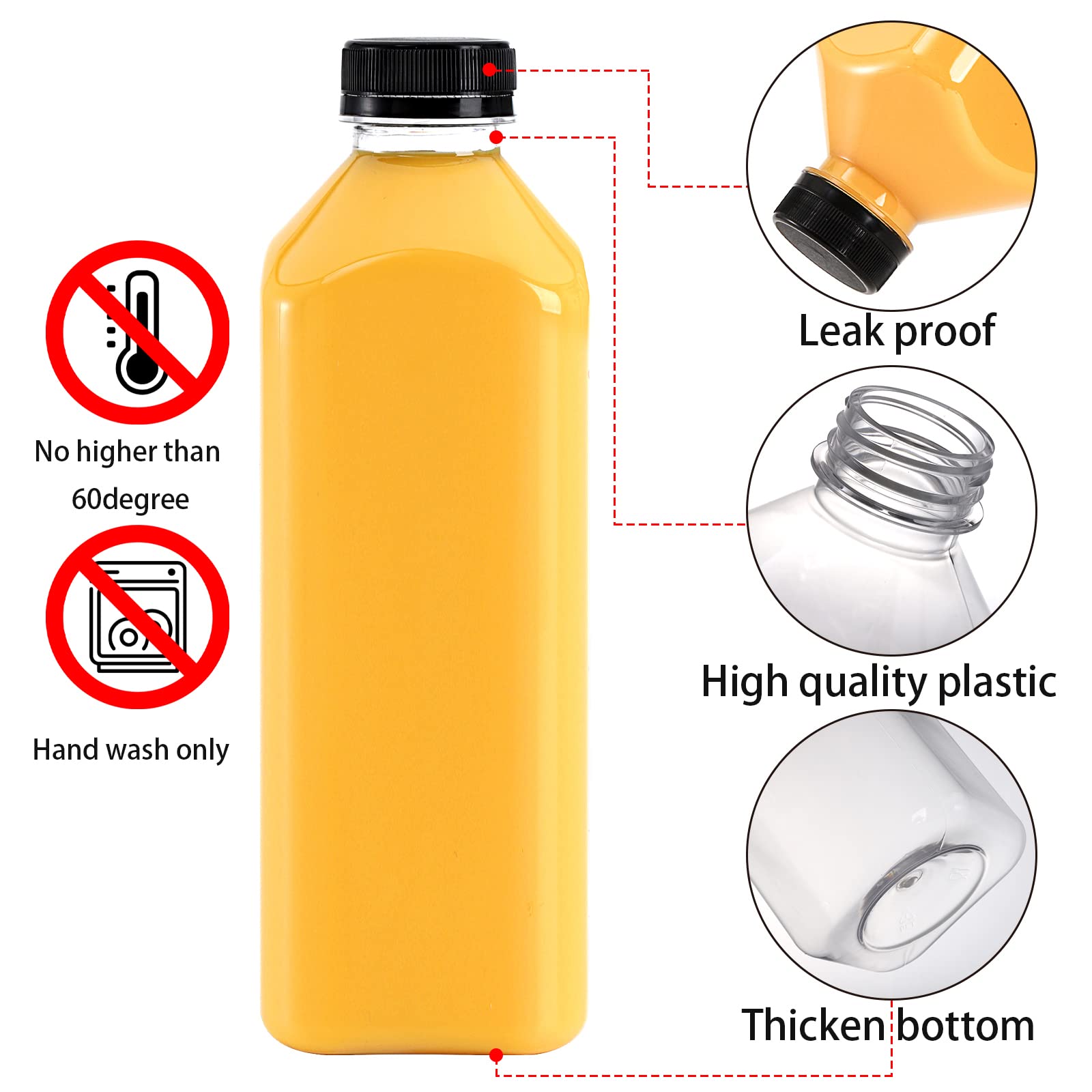 Cedilis 10 Pack 33oz/1L Plastic Juice Bottles with Black Cap, Clear Reusable Containers with Lids, Great Disposable Bottles for Making Juice, Milk, Salad Dressing, Smoothie and Other Beverages