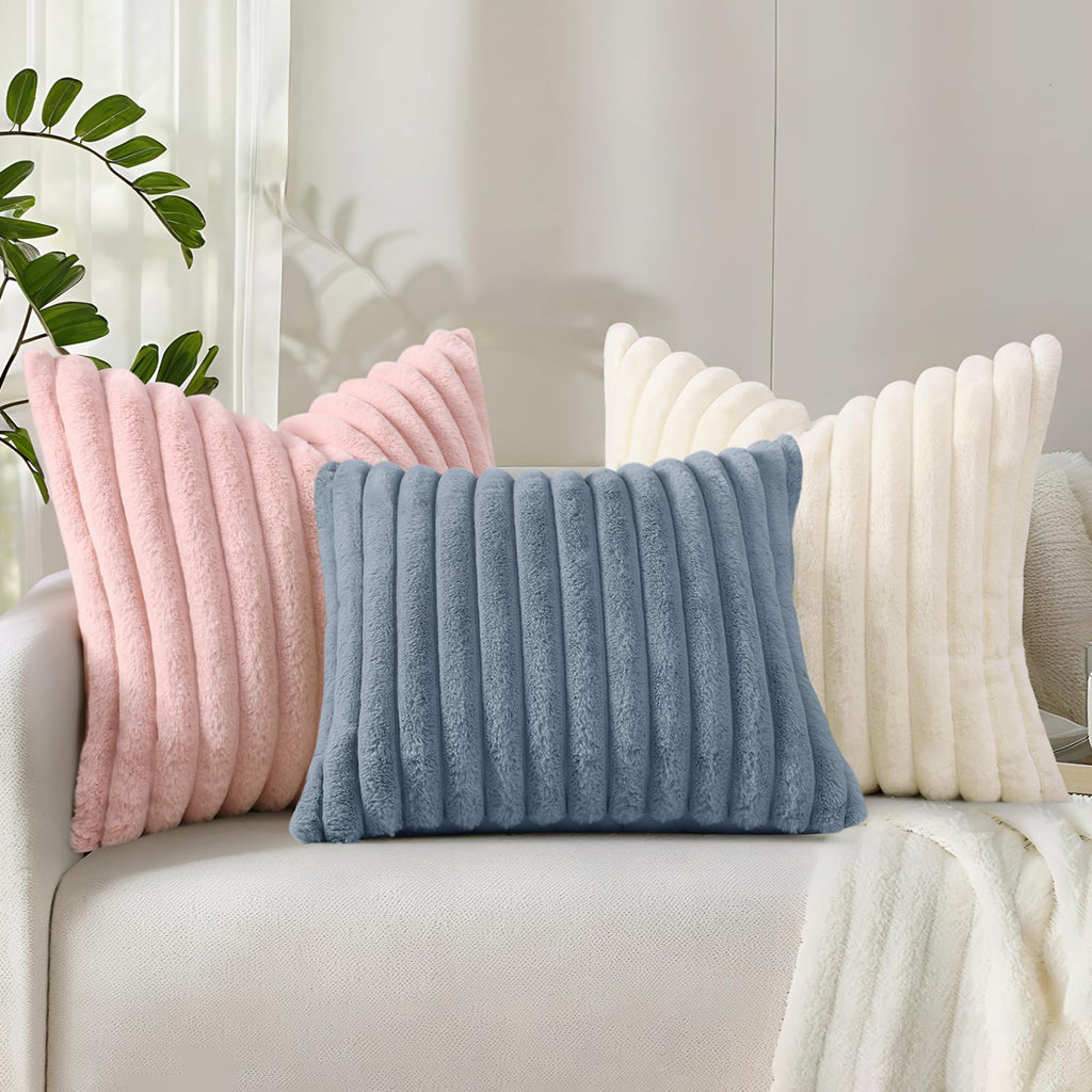decorUhome Cream White Throw Pillow Covers 18x18 Inch Set of 2, Faux Fur Velvet Decorative Pillow Covers, Fuzzy Striped Cushion Covers Pillow Cases for Sofa Couch, Living Room Home Decor