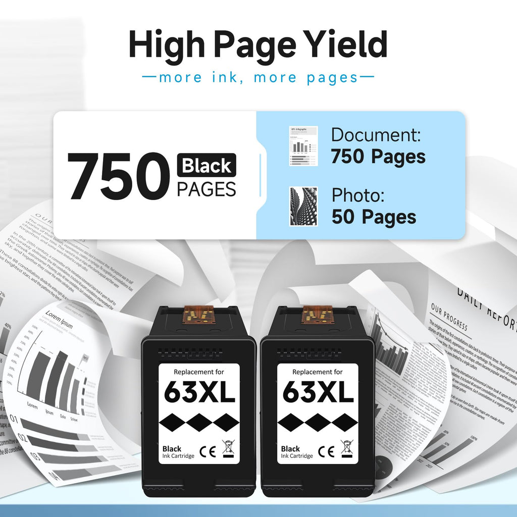 63XL for HP 63XL Black Ink Cartridge for HP Ink 63 HP63XL HP63 High Yield Fit for HP Envy 4520 4512 4511 4524 4522 OfficeJet 4650 3830 52525 5258 4655 5200 5212 4652 DeskJet 3630 1112 Printer(2 Black)