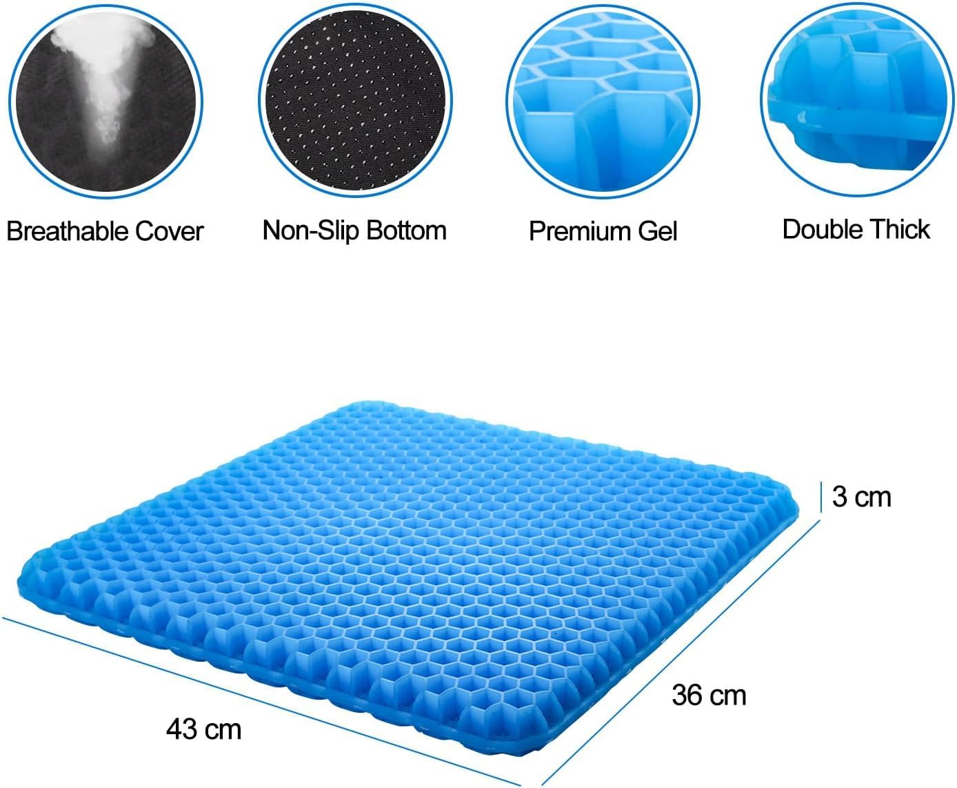 Gel Seat Cushion for Long Sitting with Non-Slip Cover,Soft & Breathable,Seat Cushion for Desk Chair,Wheelchair,Car,Office chair,stadium,airplane,blue support,air plane,bleacher,booster,sporting events