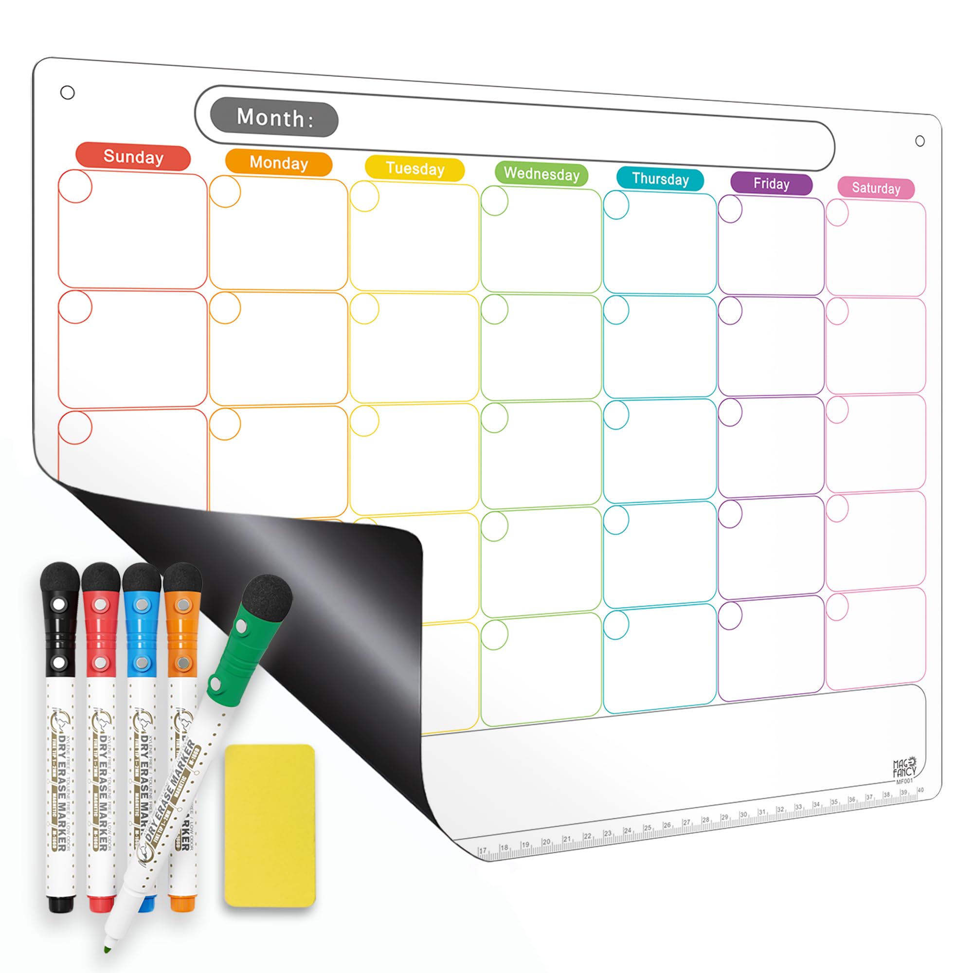 Magnetic Calendar for Fridge, Dry Erase Whiteboard Calendar Monthly Planner, 6-Week Layout, Easy to Clean, Extra-Thick Strong Magnetic Hold, Includes Dual-Magnet Markers & Eraser 43 x 33 cm