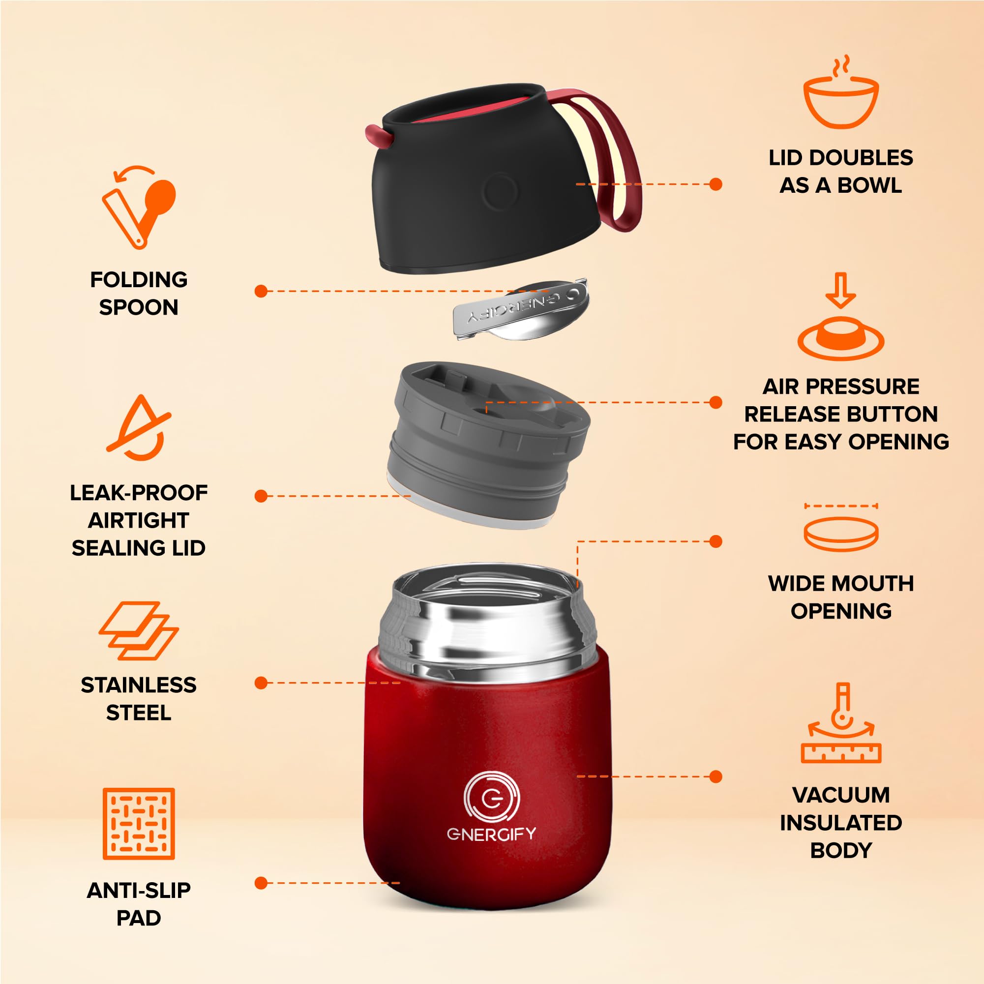 Vacuum Insulated Food Jar. Bowl incl. Folding Spoon, Cup. Wide Mouth Keep Hot & Cold Drinks Soup Lunch Container for Adults. BPA-Free Stainless Steel, Leak Proof Radiant red, 17oz