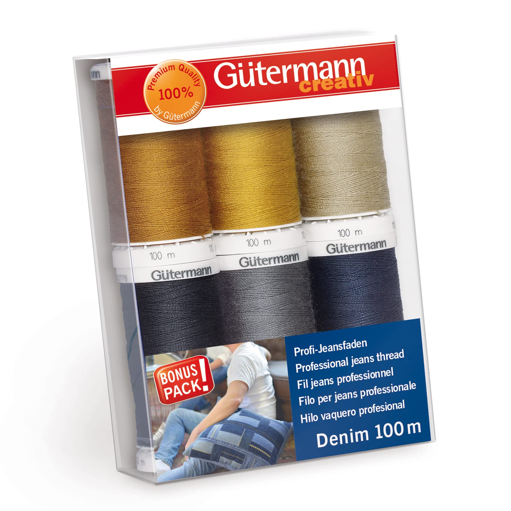 Gutermann 731144 731144-1 Thread Set Denim 100m x 6 reels, Multicoloured