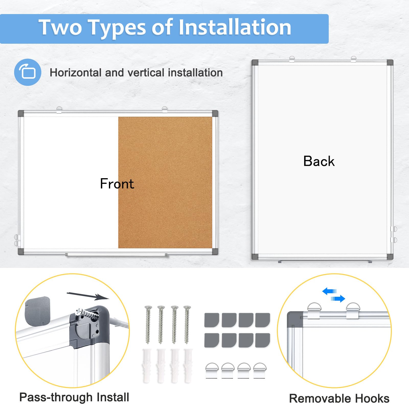 AMUSIGHT Double-Sided Combination Magnetic White Board & Cork Board, 24" x 18" Dry Erase Board & Cork Board Combo for Wall, Hanging Whiteboard for Planning, Kitchen, Memo, School, Home, Office