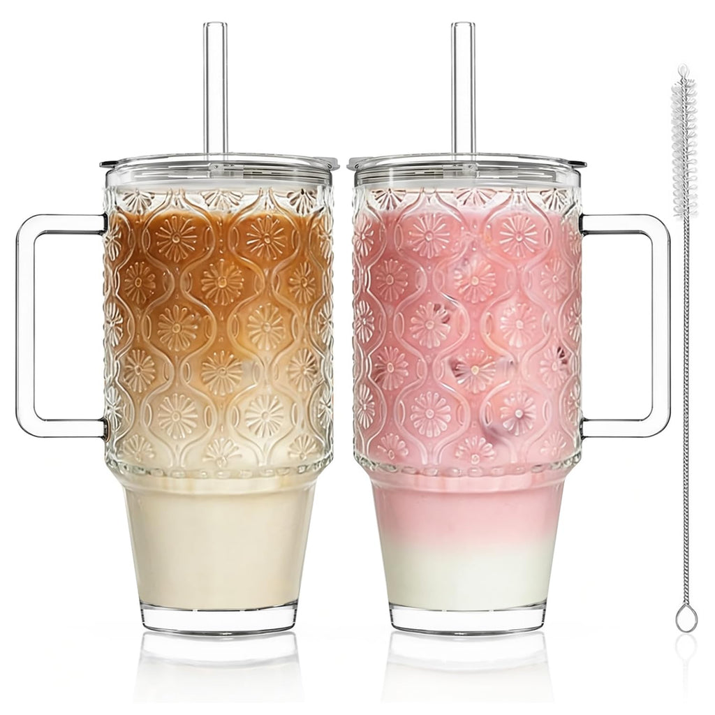 KEMORELA 24oz Ribbed Glass Cups with Lids and Straws,Glass Tumbler with Handle,2 set–Reusable Glass Ice Coffee Cups with Lid and Straw for Smoothies,Tea,Juice,Boba Cup for Cold & Hot Drinks,Travel Cup