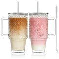 KEMORELA 24oz Ribbed Glass Cups with Lids and Straws,Glass Tumbler with Handle,2 set–Reusable Glass Ice Coffee Cups with Lid and Straw for Smoothies,Tea,Juice,Boba Cup for Cold & Hot Drinks,Travel Cup