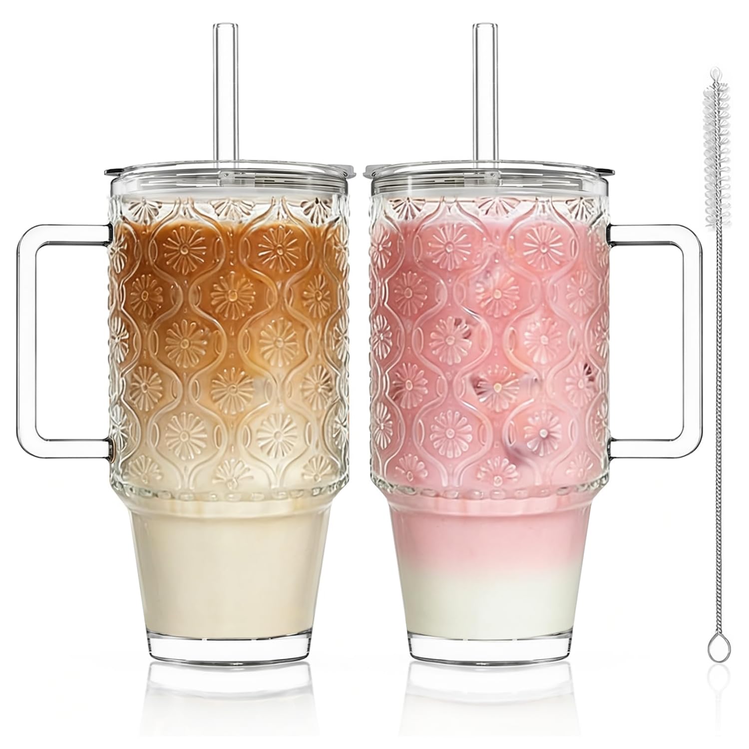 KEMORELA 24oz Ribbed Glass Cups with Lids and Straws,Glass Tumbler with Handle,2 set–Reusable Glass Ice Coffee Cups with Lid and Straw for Smoothies,Tea,Juice,Boba Cup for Cold & Hot Drinks,Travel Cup
