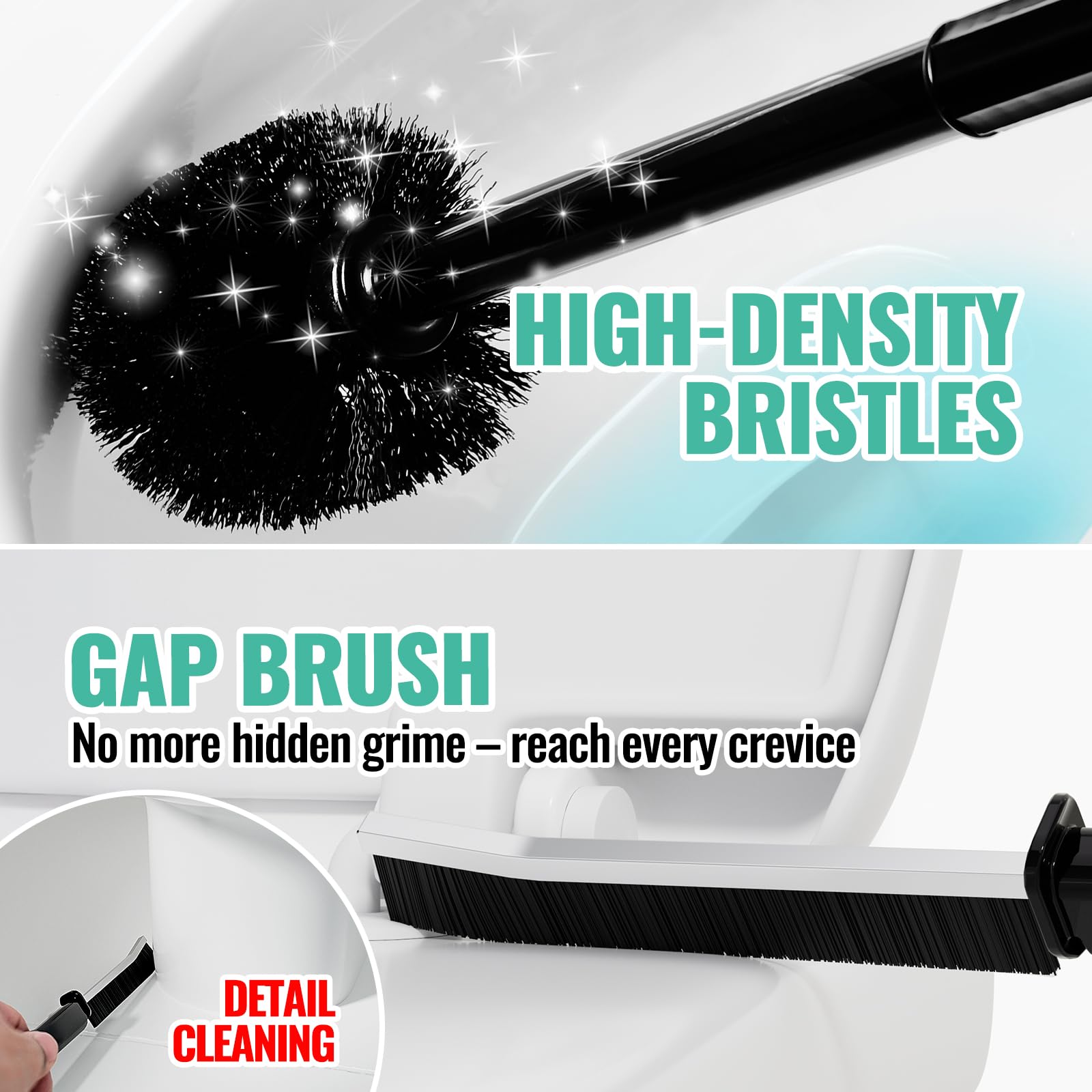 3 in 1 Toilet Brush and Plunger Set with Crevice Cleaning Brush, Toilet Plunger and Brush Set with Extra Long Handle, Plungers for Bathroom Accessories, Toilet Plunger with Holder, Obsidian Black