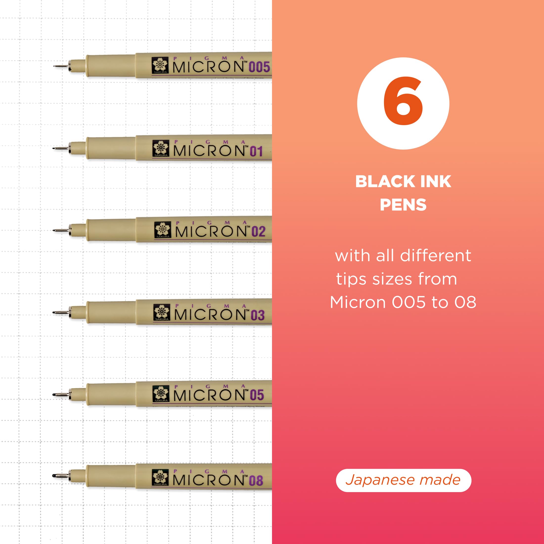 Sakura Pigma Micron Fineliner Pens - Archival Black Ink Pens - Pens for Writing or Drawing - Holiday Gifts for Artists, Crafters & DIY Gifts Projects - Assorted Point Sizes - 6 Pack