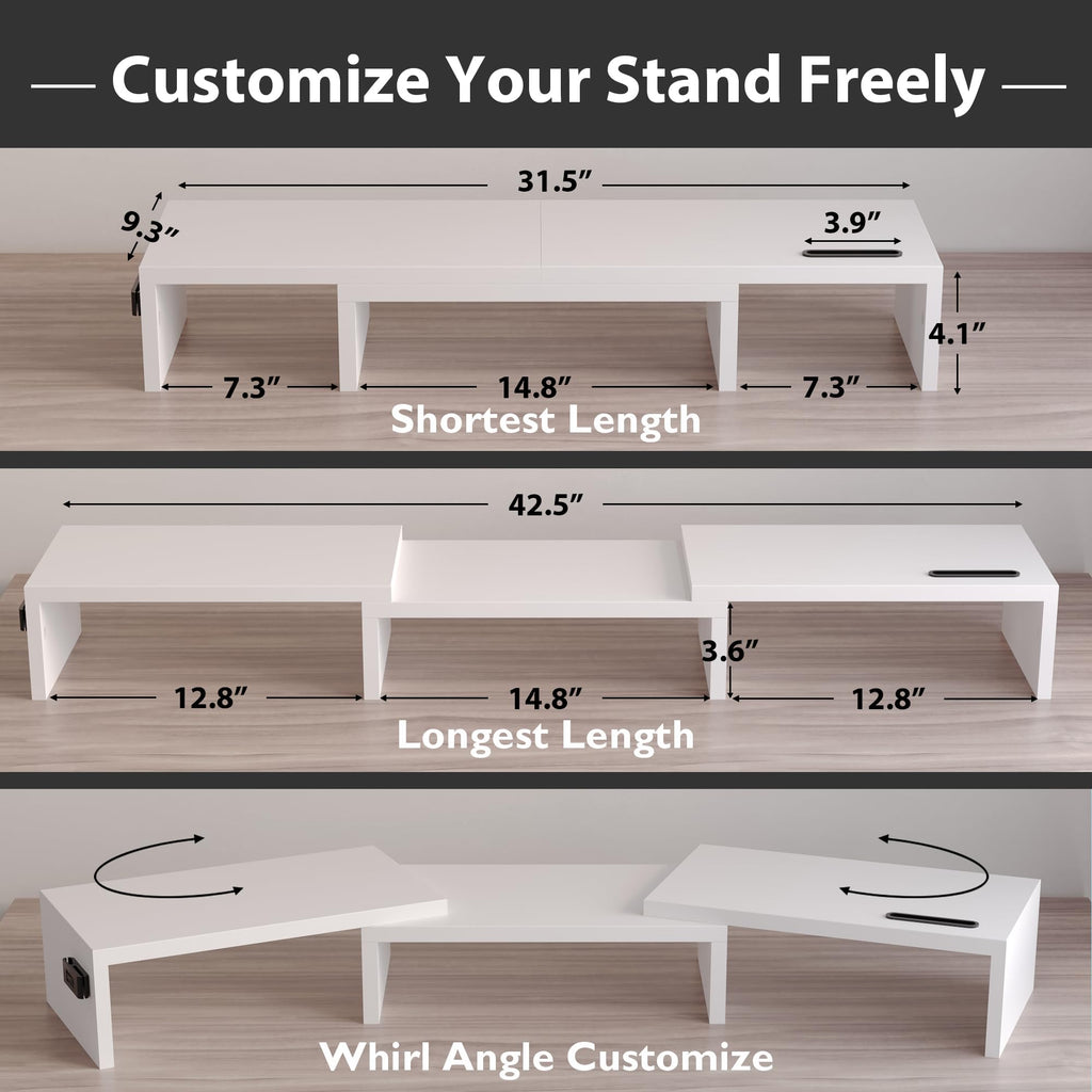 BONTEC Dual Monitor Stand Riser with Smartphone Holder, Adjustable Length & Swivel Angle Wooden Desktop Organizer Stand PC Riser for PC Monitor Laptop Printer, White