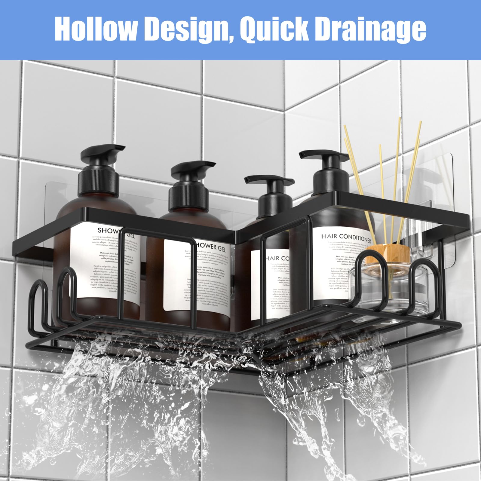 LOOBOV Shower Caddy Corner, Rustproof Shower Shelves, Bathroom Caddy No Drilling, Bathroom Organizers/Storage with Hooks (3 Pack- Black)