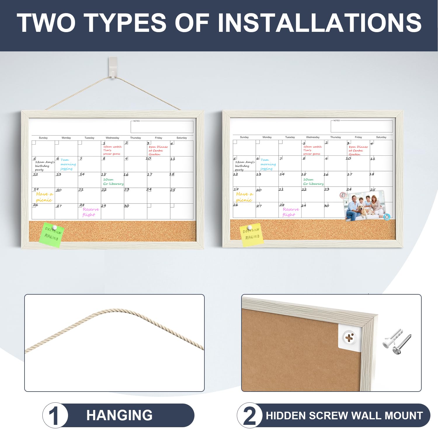 TANKEE 17"x13" Whiteboard Calendar Cork Board Combo, Magnetic White Board Monthly Calendar with Wood Framed, Hanging Dry Erase Board for Kitchen Home Office Planner