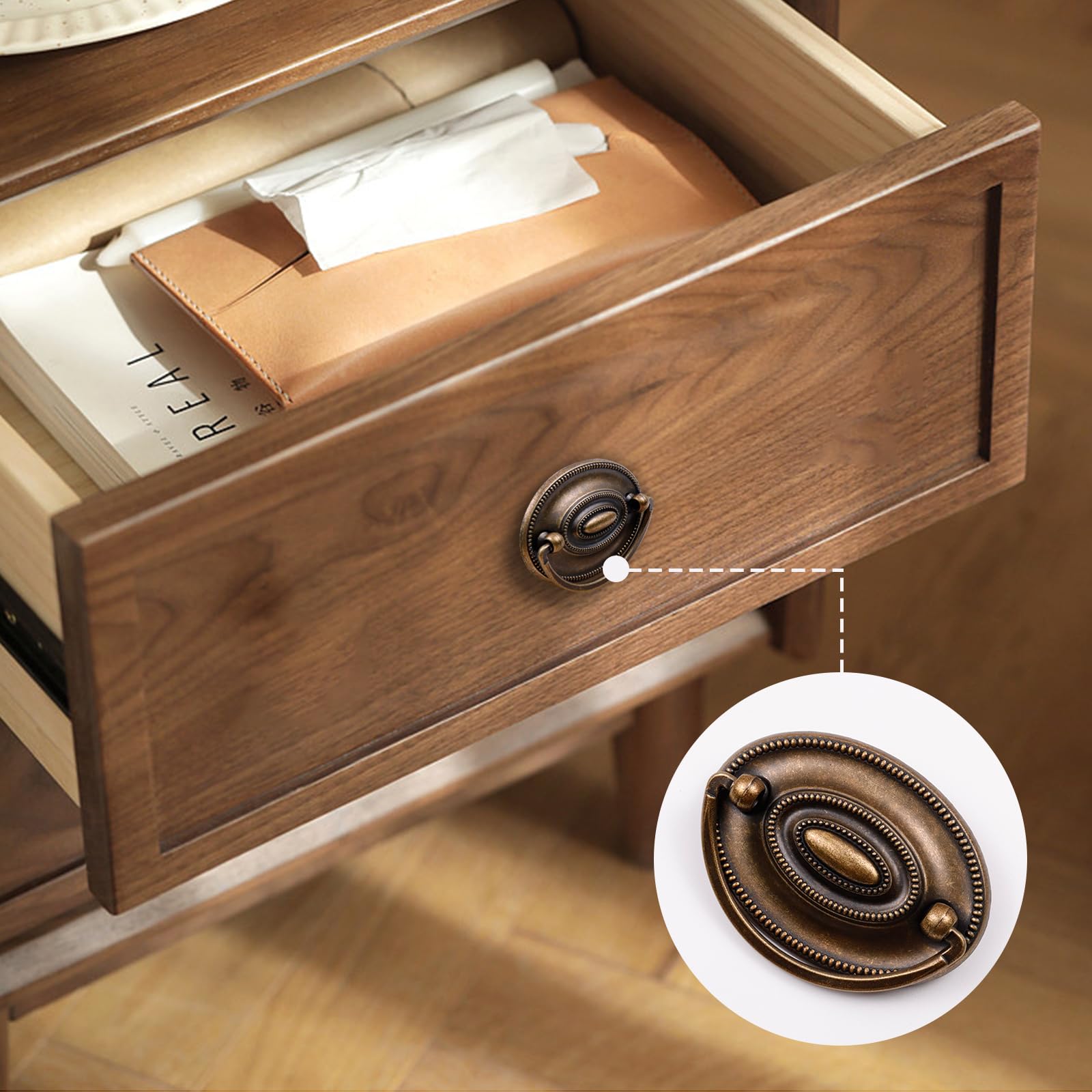 Quluxe 4 Pcs Furniture Dresser Pull Antique Brass Bail Drawer Pull Oval Drop Swing Handles Cabinet Knob Hardware 2.32" Hole Distance, 3.14"x2.2"