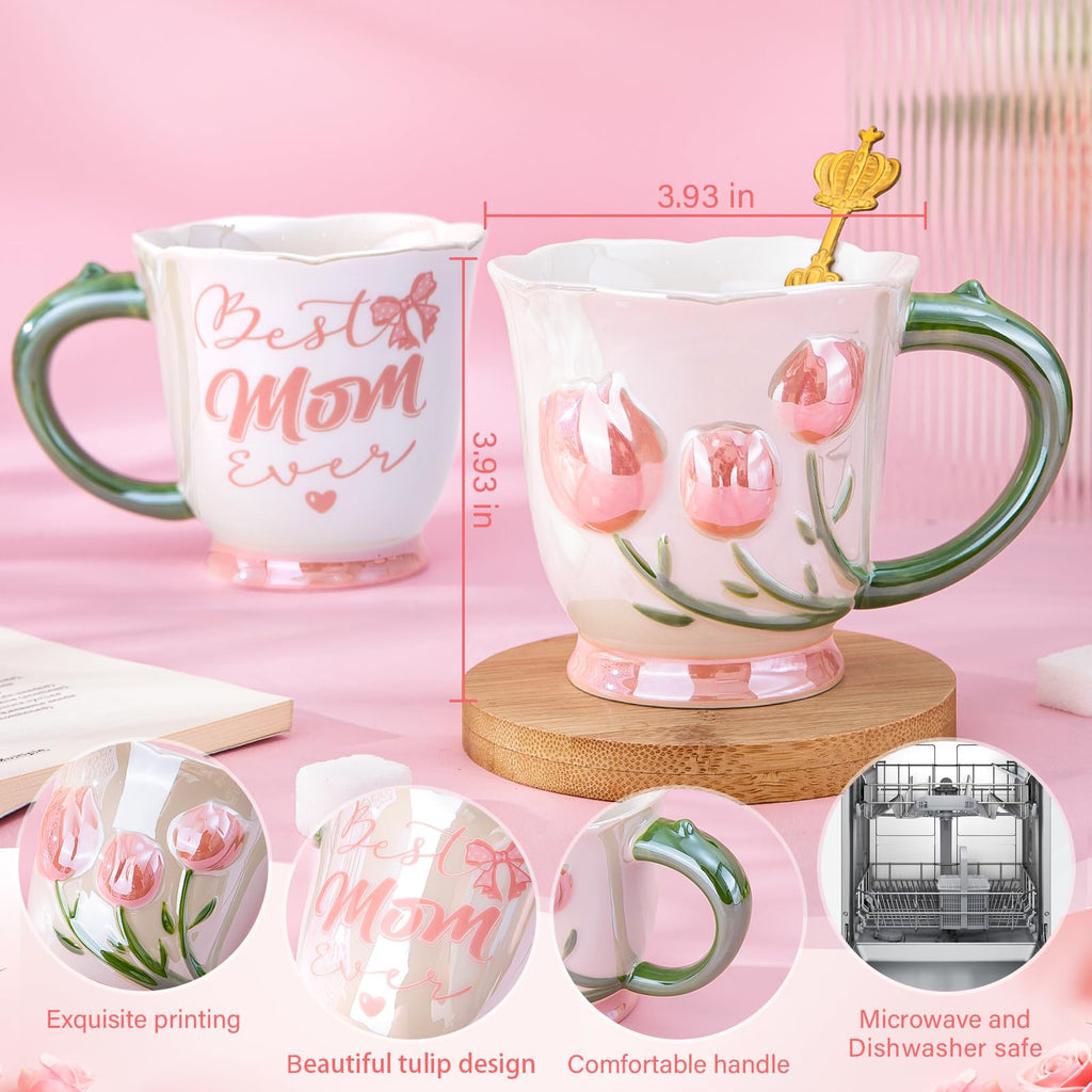 Mothers Day Gifts for Mom, 7Pcs Mom Gifts Set – 18Oz Tulip Embossed Pearlescent Glaze Best Mom Ever Mug, Spoon, Headband, Socks, Jewelry Box, Card, Gift Box – Birthday Gift for Mom from Daughter, Son