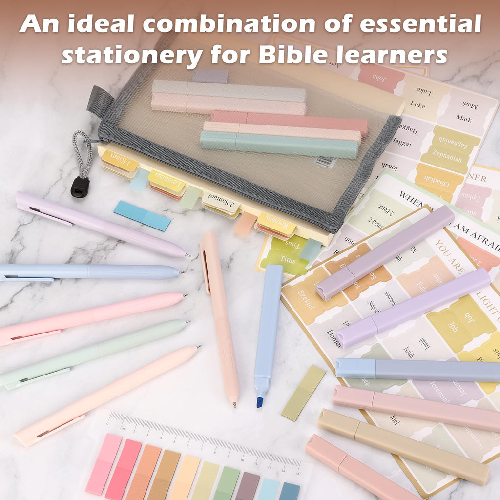 34 Pcs Bible Journaling Kit Bible Study Supplies with 75 Bible Tabs 12 Pastel No Bleed Highlighters 6 Gel Pens Transparent Sticky Notes Pencil Case Bible Study Accessories Kit for Journaling Supplies