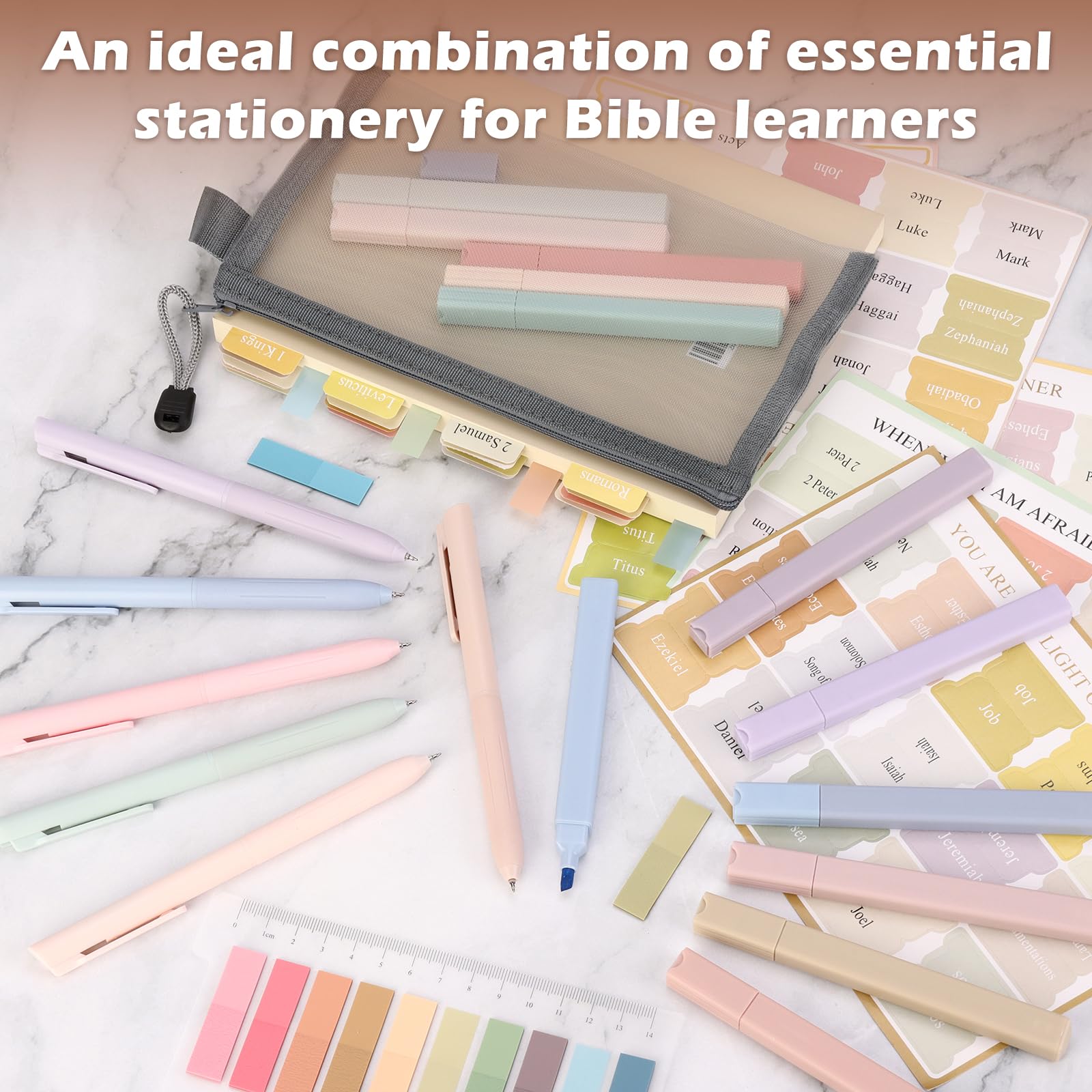 34 Pcs Bible Journaling Kit Bible Study Supplies with 75 Bible Tabs 12 Pastel No Bleed Highlighters 6 Gel Pens Transparent Sticky Notes Pencil Case Bible Study Accessories Kit for Journaling Supplies