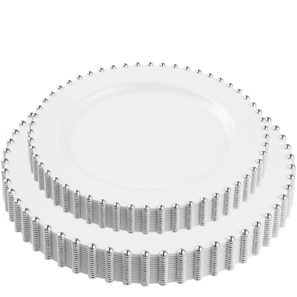 PLASTICPRO 32 Piece Combo Plastic Dinner Plates Disposable Plastic Fancy Heavy Duty Party Dishes 7 inch and 10 inch, White and Silver Beaded