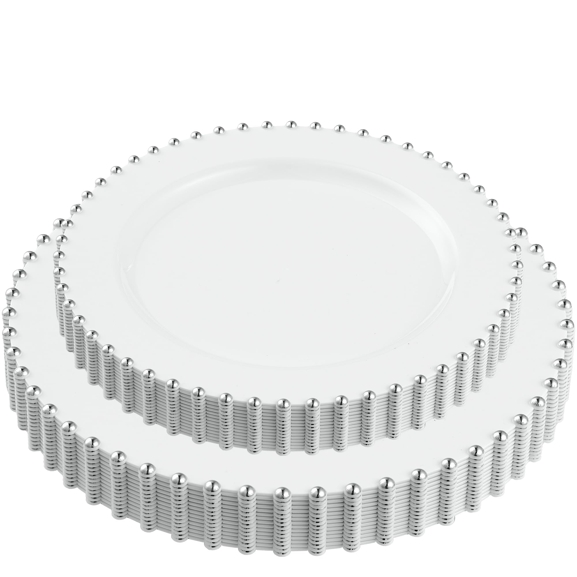 PLASTICPRO 32 Piece Combo Plastic Dinner Plates Disposable Plastic Fancy Heavy Duty Party Dishes 7 inch and 10 inch, White and Silver Beaded