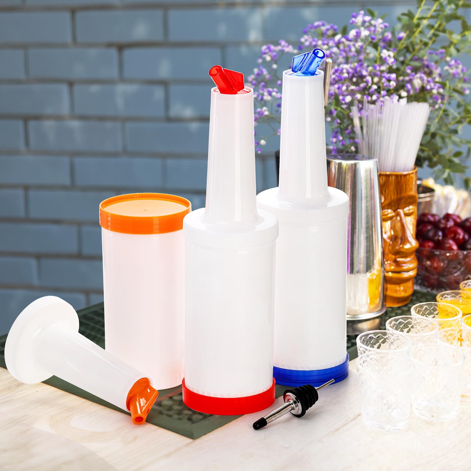 Tebery 6 Pack Plastic Juice Pour Bottles with 12 Stainless Steel Bottle Pourer, 34OZ Plastic Juice Dispensers for Bar Home Kitchen Party Supplies
