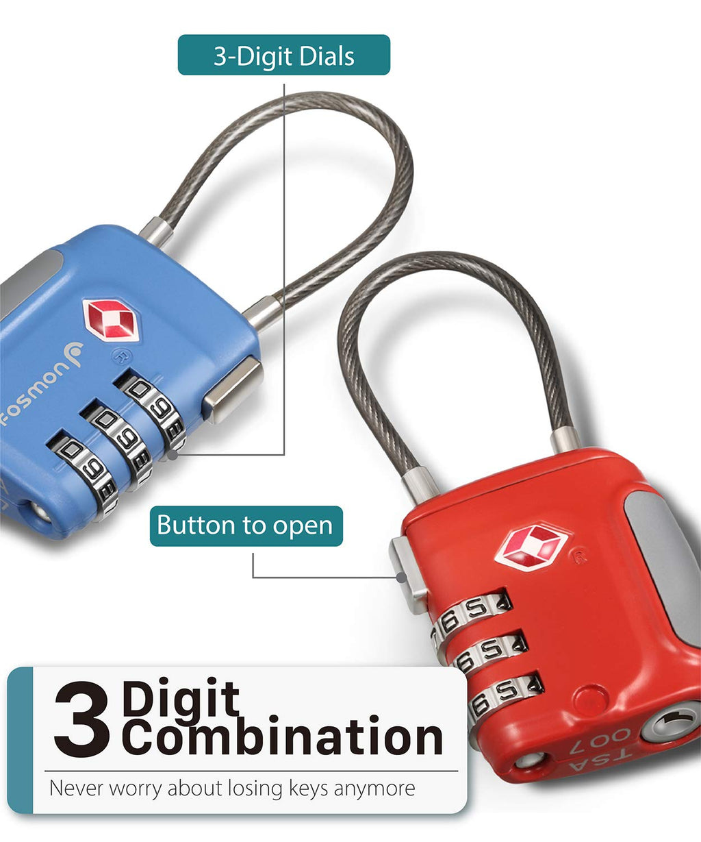 Fosmon TSA Accepted Cable Luggage Locks, 3 Digit Combination with Open Alert Indicator, Alloy Body and Release Button for Travel Bag, Suit Case & Luggage (4 Pack) - Black, Green, Red and Blue