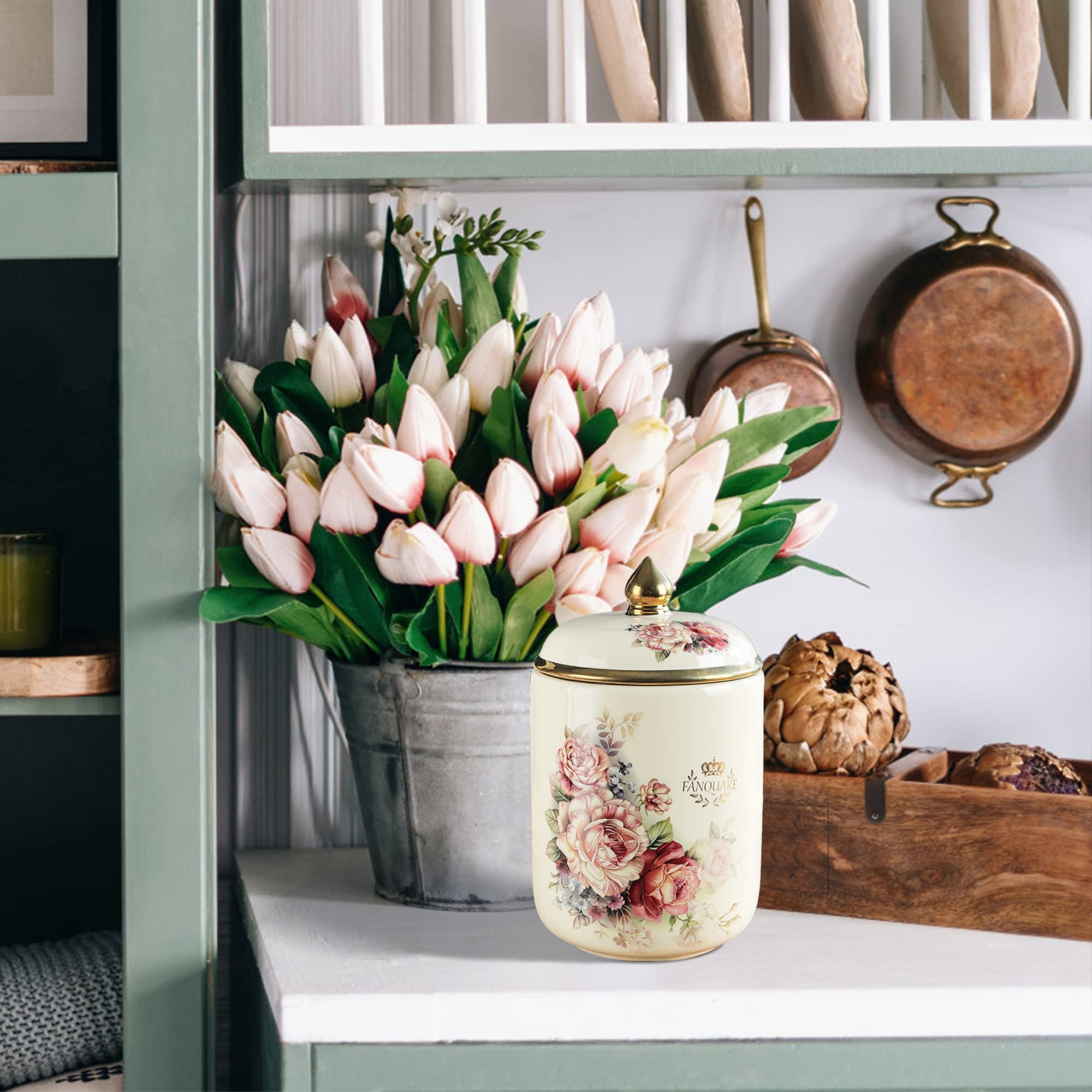 fanquare Porcelain Tea Canister, Normal Size Ceramic Jar, Vintage Gold Floral Countertop Container for Sugar, Tea, Coffee