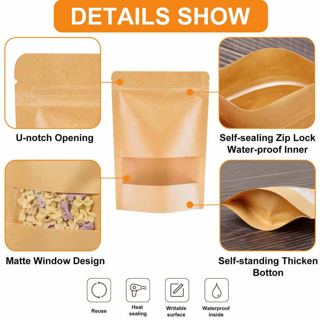 Matomtak Kraft Stand Up Bulk Pouches Resealable Paper Ziplock Bags with Window, 100 Pcs Sealable Food Storage Packaging Bags for Home and Business (Brown, 12x20cm/4.7x7.9inch)