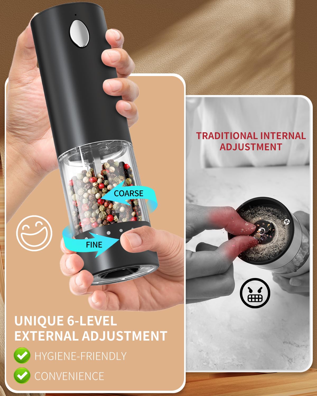 CIRCLE JOY Electric Rechargeable Salt and Pepper Grinder Set with Easy-to-Carry Dual Charging Base, Externally Adjustable, 100 ml Large Capacity, LED Light, Black