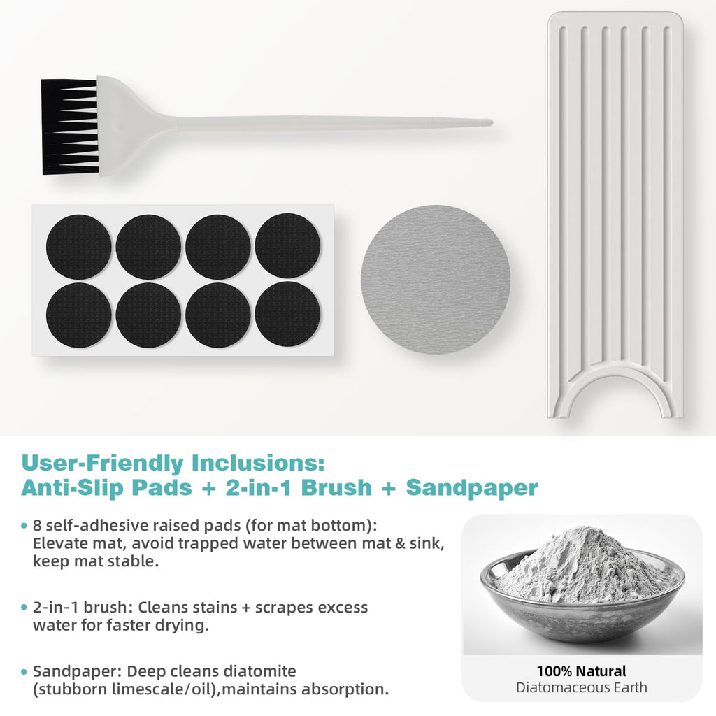 Diatomite Faucet Mat for Kitchen Sink with Raised Pads & Cleaning Brush, Super Absorbent Fast Drying Stone Sink Tray, Splash Guard Protector Mat for Bathroom Counter (White, 23.6" x 3.9")