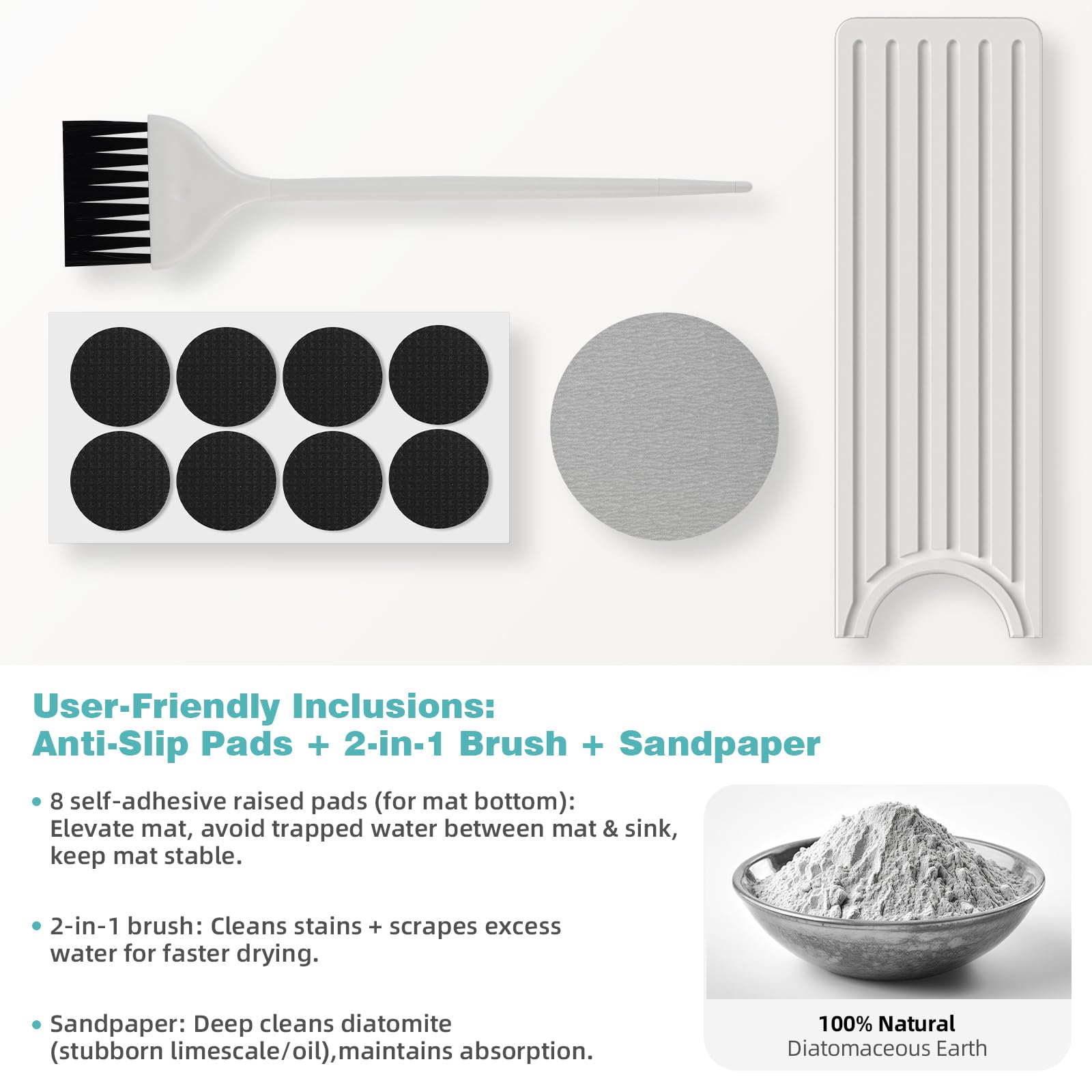 Diatomite Faucet Mat for Kitchen Sink with Raised Pads & Cleaning Brush, Super Absorbent Fast Drying Stone Sink Tray, Splash Guard Protector Mat for Bathroom Counter (White, 23.6" x 3.9")