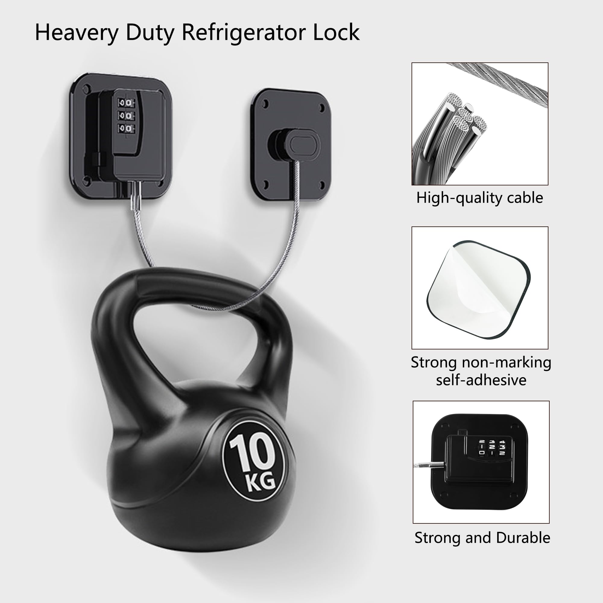 Refrigerator Lock, Heavy Duty Fridge Lock, Combination Lock for Refrigerator Cabinets, Drawers, Safety Lock, Easy Install No Keys Needed (Black-1Pack)