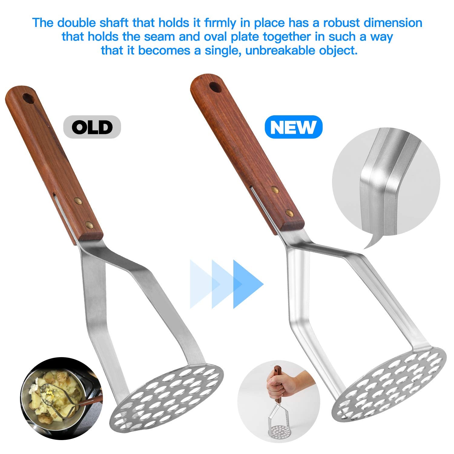 Tmflexe UPGRADED Potato Masher Stainless Steel Heavy Duty Strong Anti-slip Handle Not Easy to Bent Easy to use Sturdy Construction