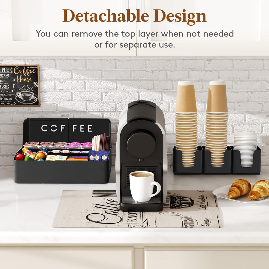 Lifewit Modern Black Coffee Bar Organizer, 10 Compartments, Countertop Coffee Station, Office Breakroom, Home Kitchen