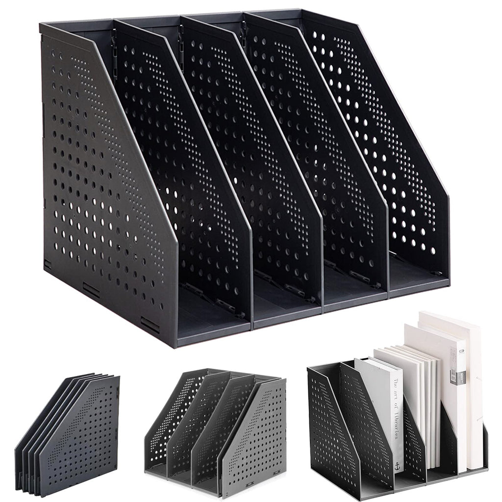 Lemical Magazine Holder 4 Vertical Compartments Collapsible Magazine File Holder Space Saving Rack Home Kitchen Desk Organizer No Need Assemble (Black)